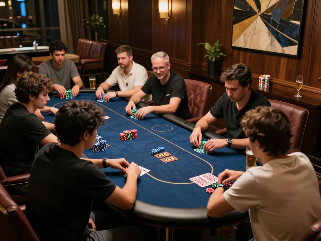Engaged players at a high-stakes poker table in SKY88 gaming lounge, showcasing strategic gameplay.