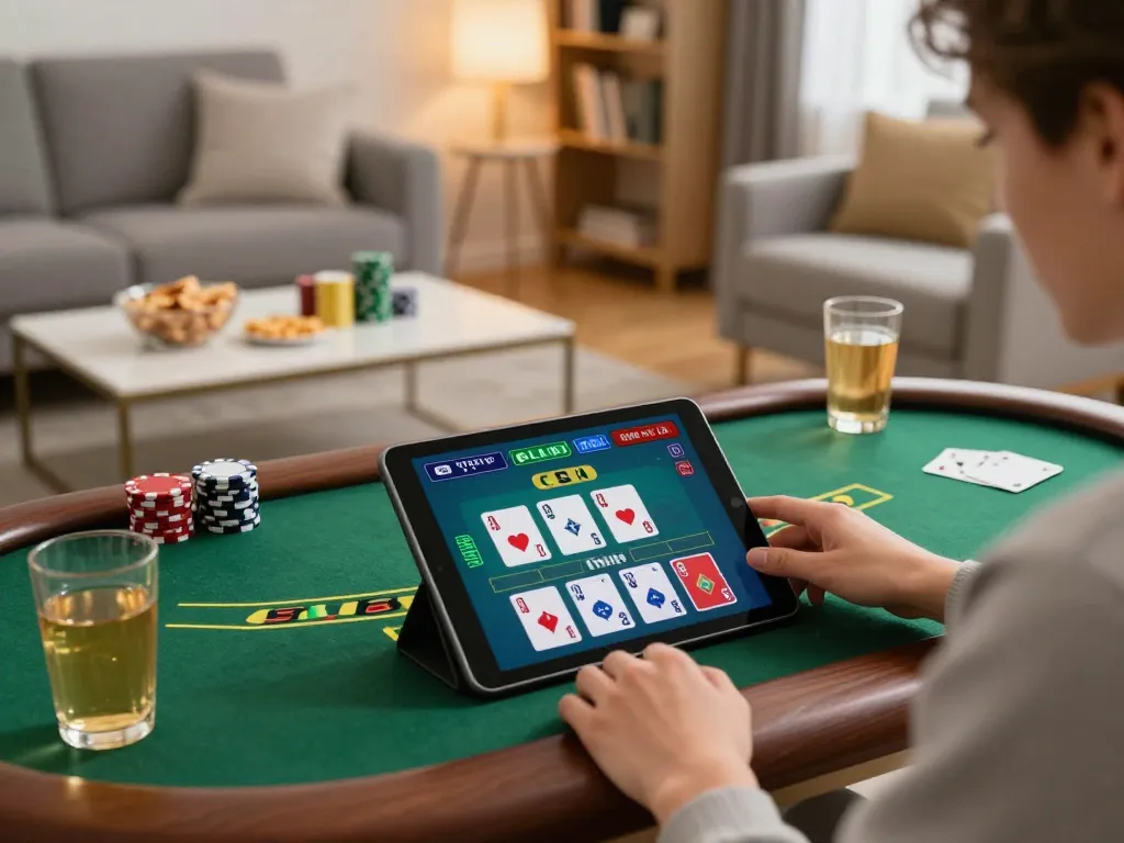 Engaged player at a Nhà cái uy tín live dealer blackjack game on tablet in cozy home.