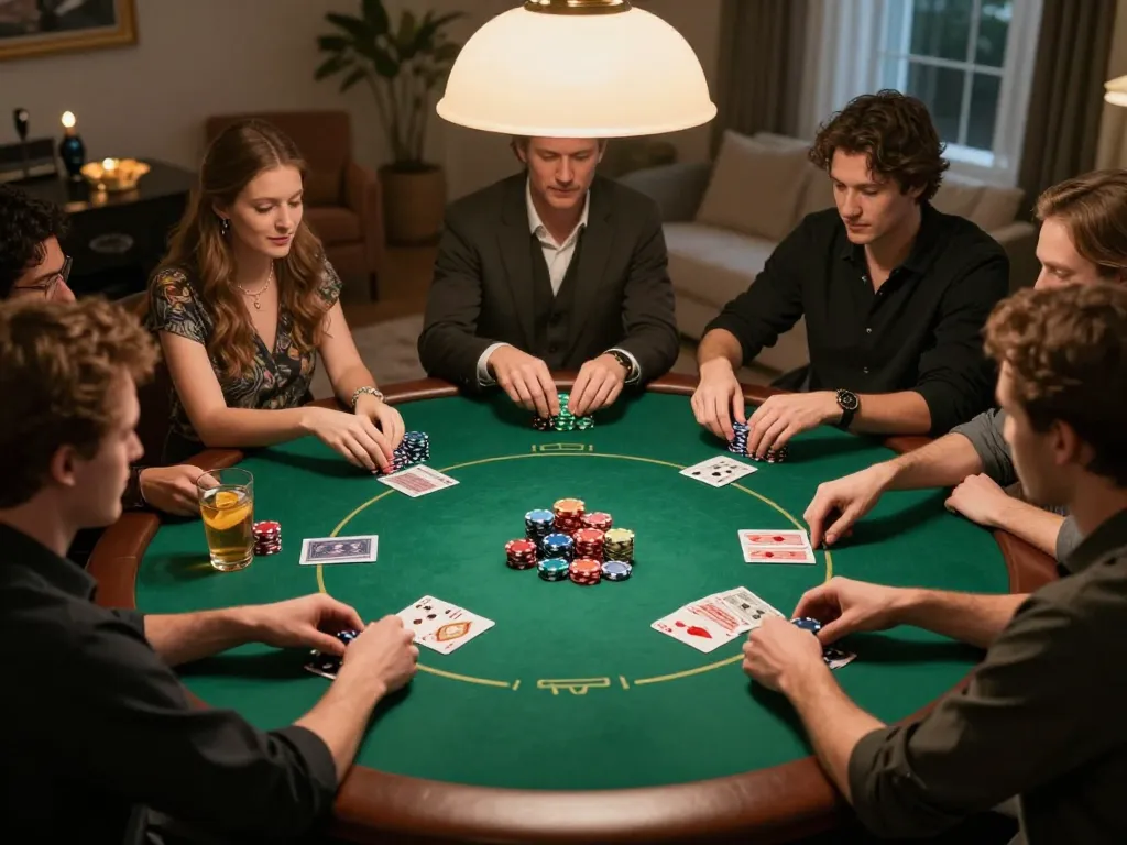 TIP88 players strategizing over Texas Hold'em game in a warm home environment.