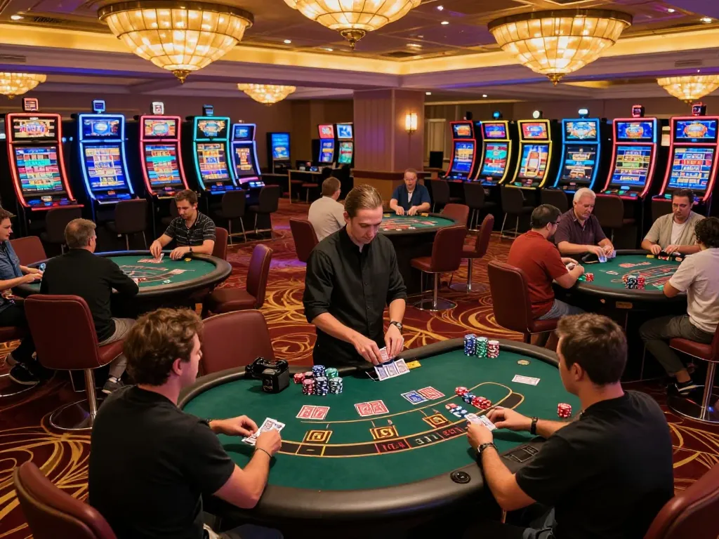 Players enjoying a thrilling game of blackjack at a bustling casino featuring DA88 themed tables and vibrant ambiance.