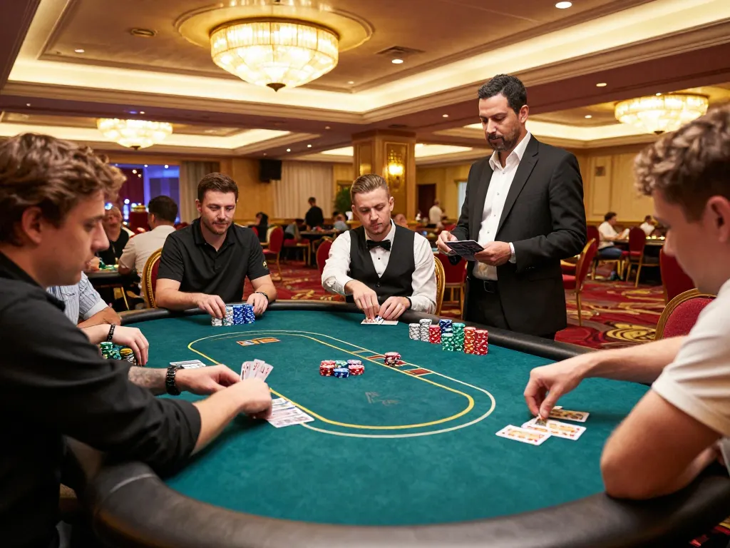 Hitclub players competing at a poker table, showcasing strategy and excitement in a luxurious casino setting.