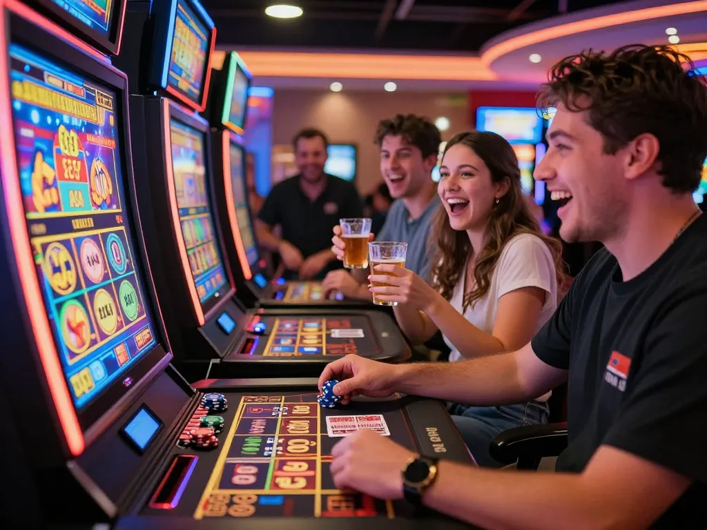 Engaged players enjoying an exciting slot game in a lively casino atmosphere.