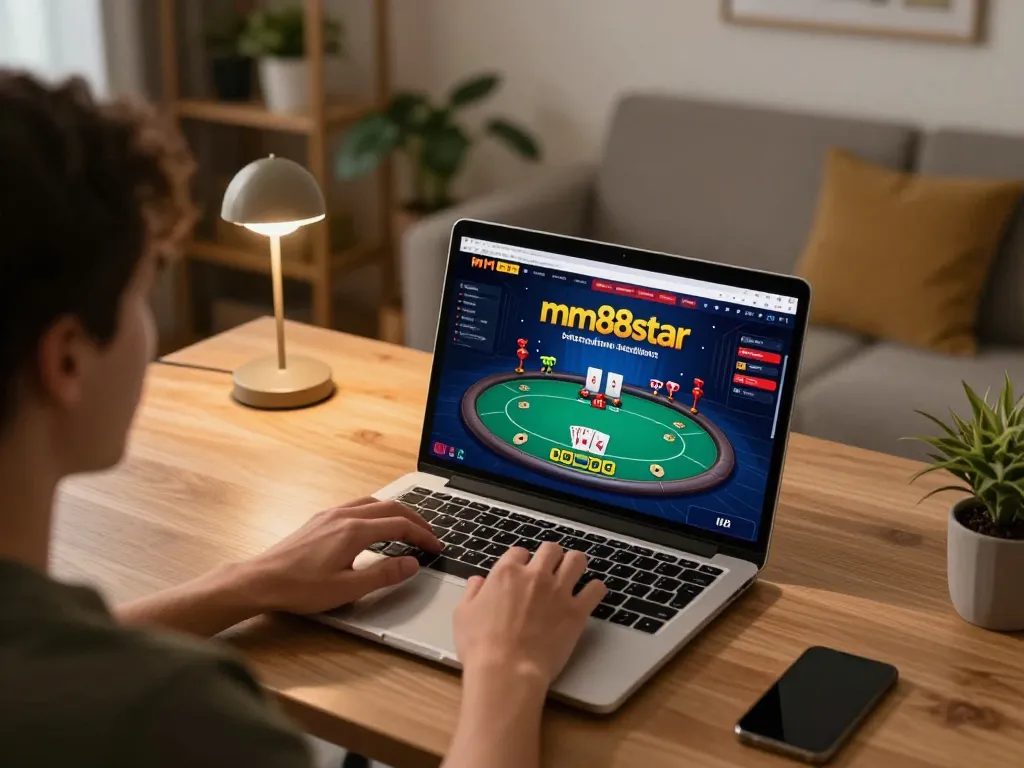 Player engaging in online poker at mm88star in a cozy home setting with warm lighting
