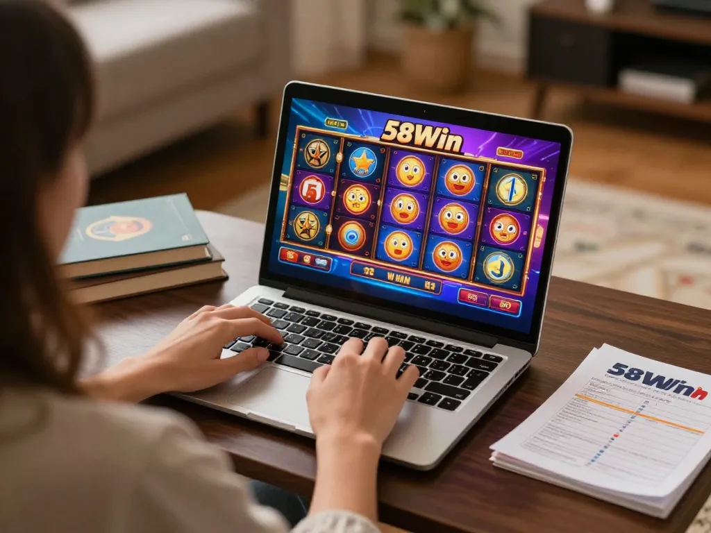 Engaging in thrilling 58Win online casino gaming session from home with vibrant visuals