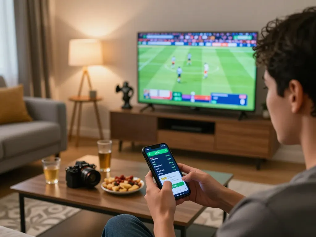Engaged user placing bets on FABET app while watching live sports at home, warm cozy atmosphere.