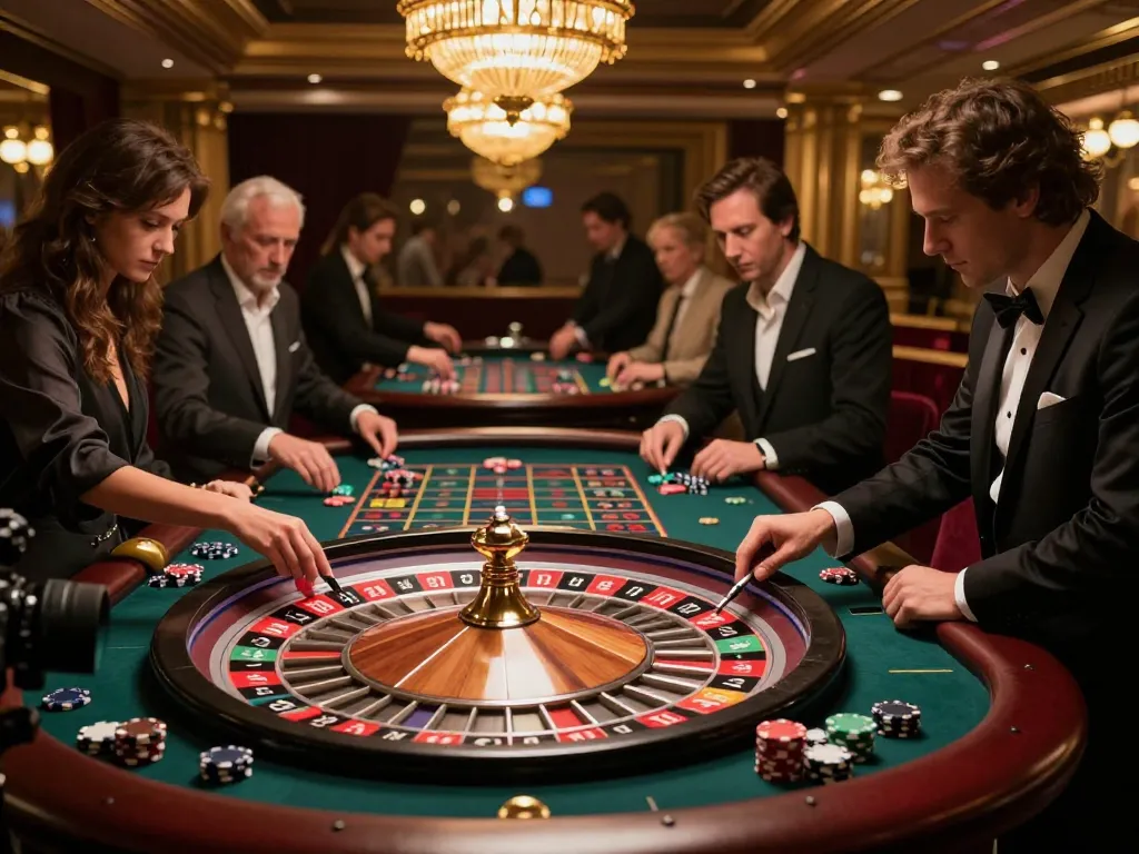FABET players engaging in an intense game of roulette, chips prominently displayed, showcasing high-stakes excitement in a luxurious casino.
