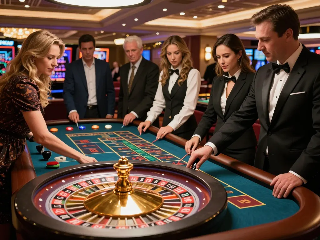 Experience the thrill of roulette at VU88's premier casino with players placing bets and a vibrant atmosphere.