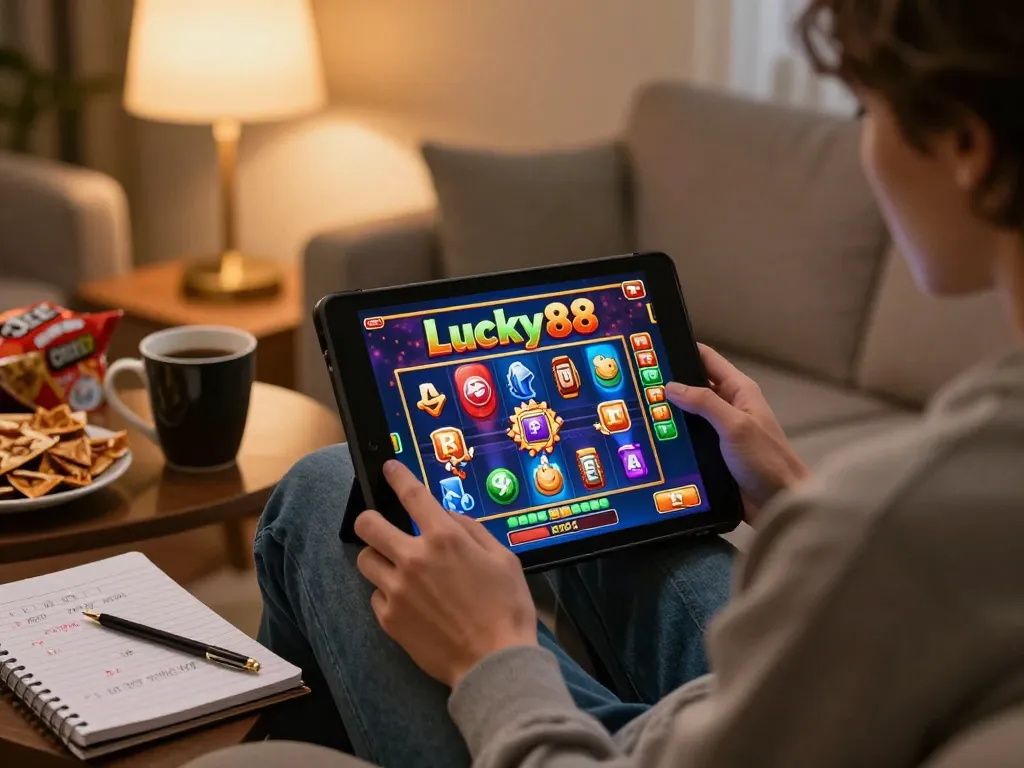 Engaging moment playing Lucky88 slots on a tablet in a cozy living room setting.