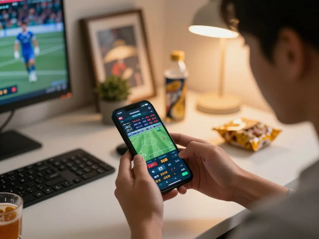 LODE88 sports betting scene with a focused player engaging in live match betting on their smartphone.