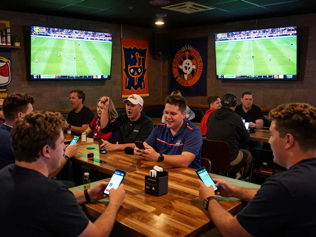 Pengguna mobile SBOBET menikmati taruhan olahraga langsung di suasana bar olahraga yang meriah.