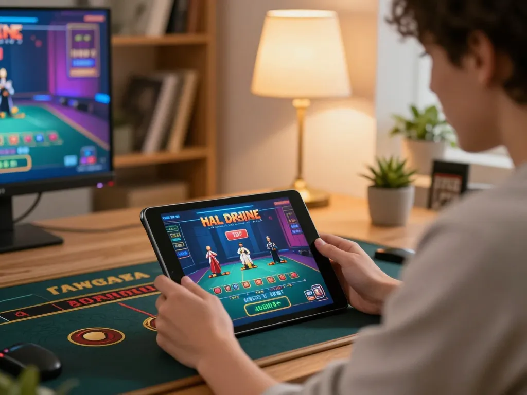 Engaging with XO88 live dealer games on a tablet at home, highlighting strategic gaming.