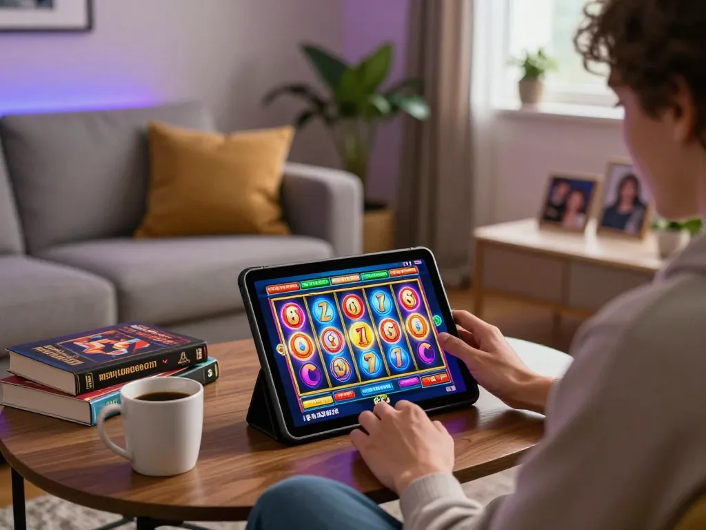 Engaged player enjoying TR88 slots on a tablet in a cozy home setting, showcasing vibrant gameplay.