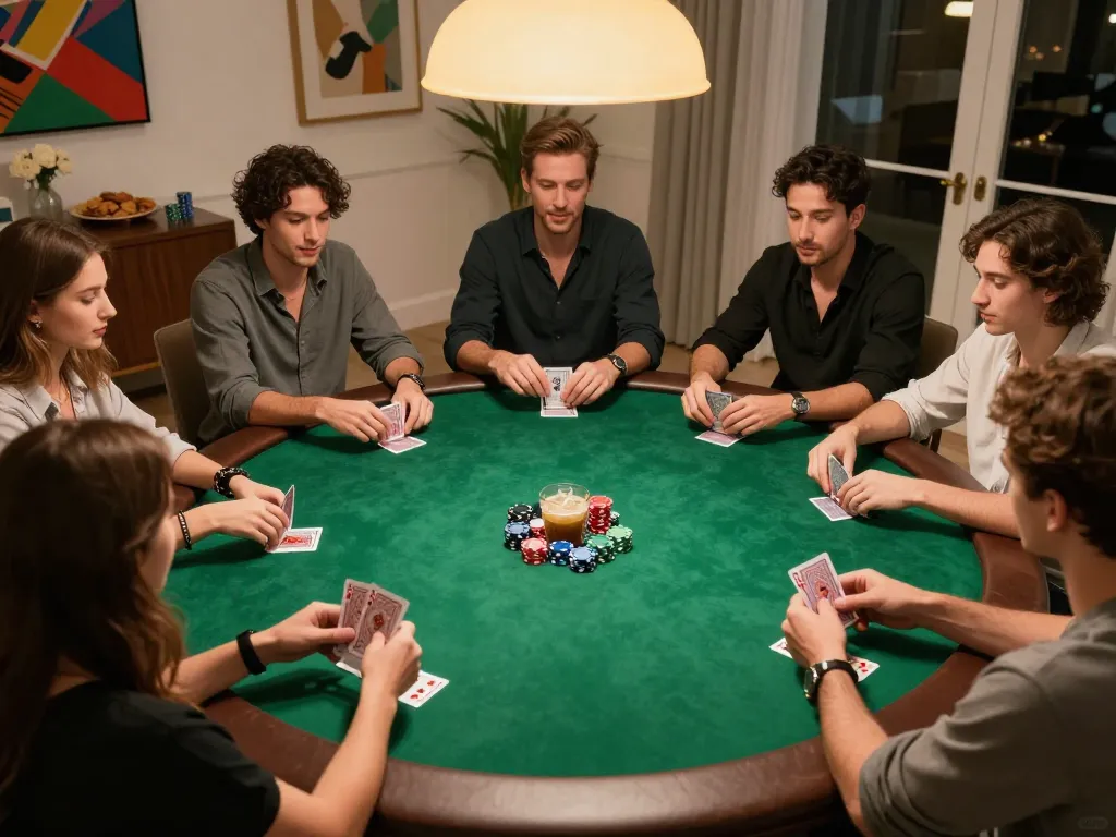 SKY88 players engaged in a friendly poker game at home with chips and cards visible.