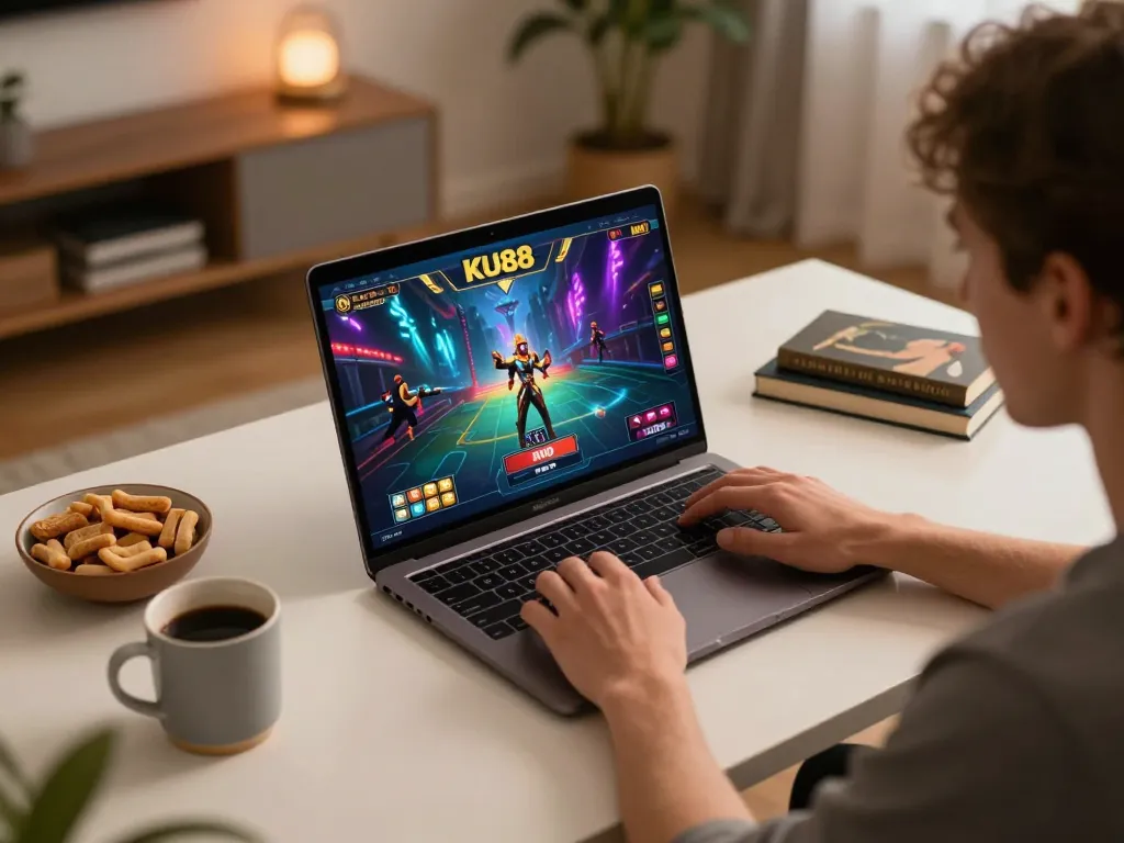 Engaging in thrilling casino action on the KU88 platform at home with a stylish laptop