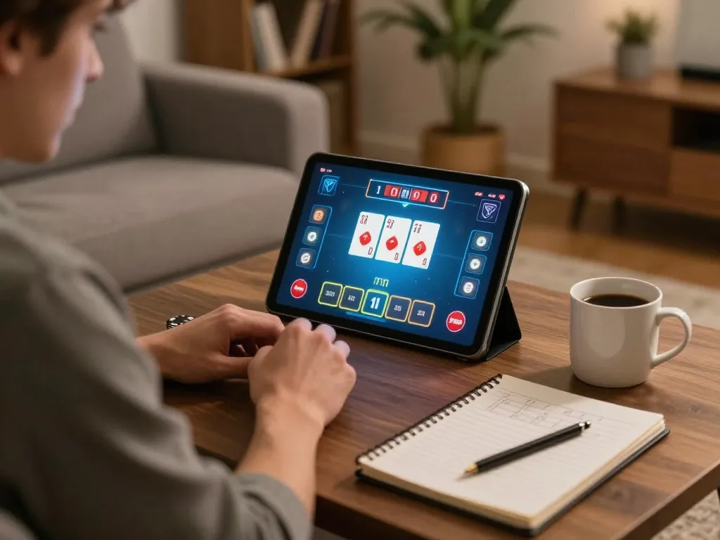 ee88 online poker gameplay on tablet with player analyzing strategies in a cozy setting