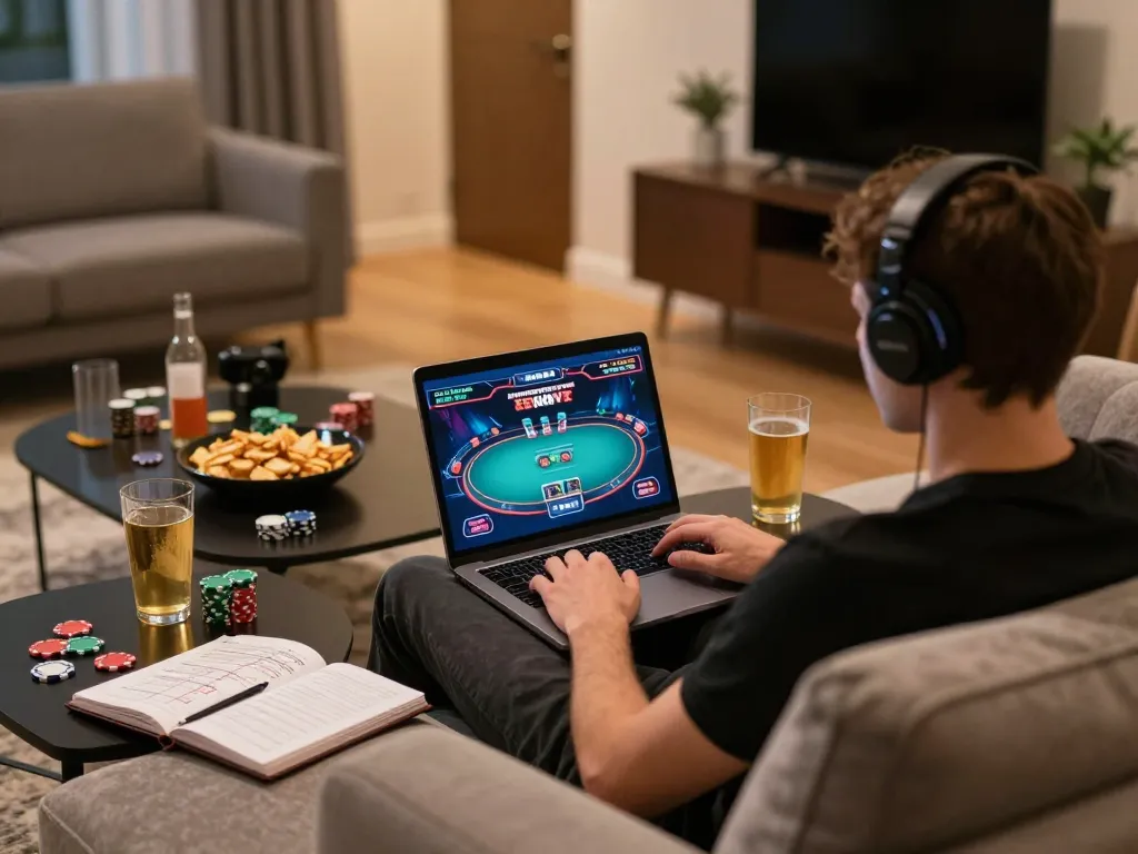 Player immersed in online poker game at home with fyhot laptop and gaming chips visible