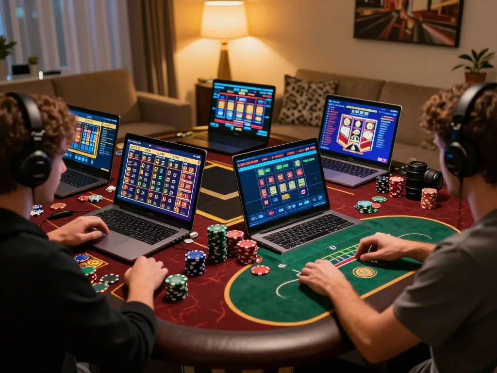 Player analyzing odds and placing bets on the oxbet online casino gaming platform from a cozy home setup.