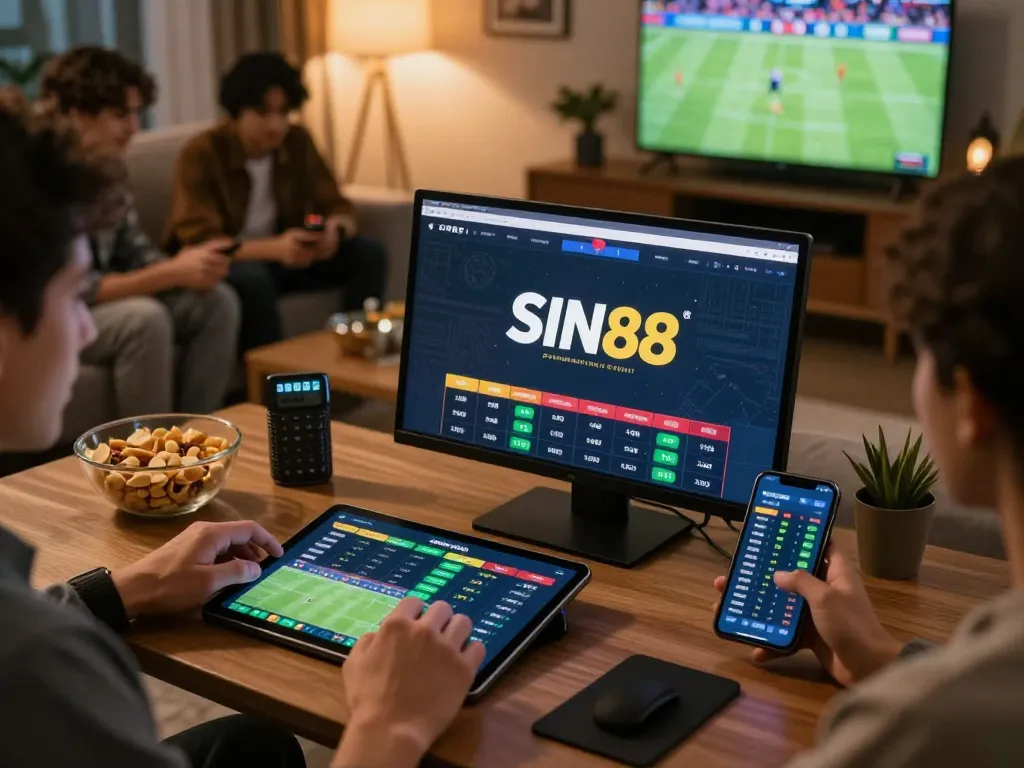 SIN88 users actively placing bets during a live sports event on their devices, showcasing a vibrant betting scene.