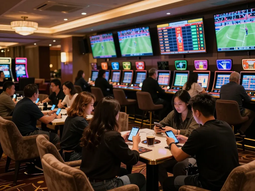 DABET sports enthusiasts engaging in live betting action at an upscale casino lounge