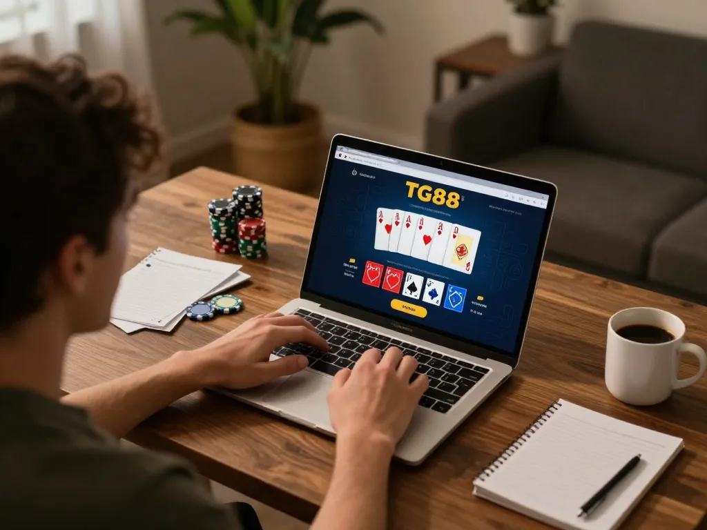 Player engaging with TG88 online poker, showcasing strategic gameplay in a cozy home setup