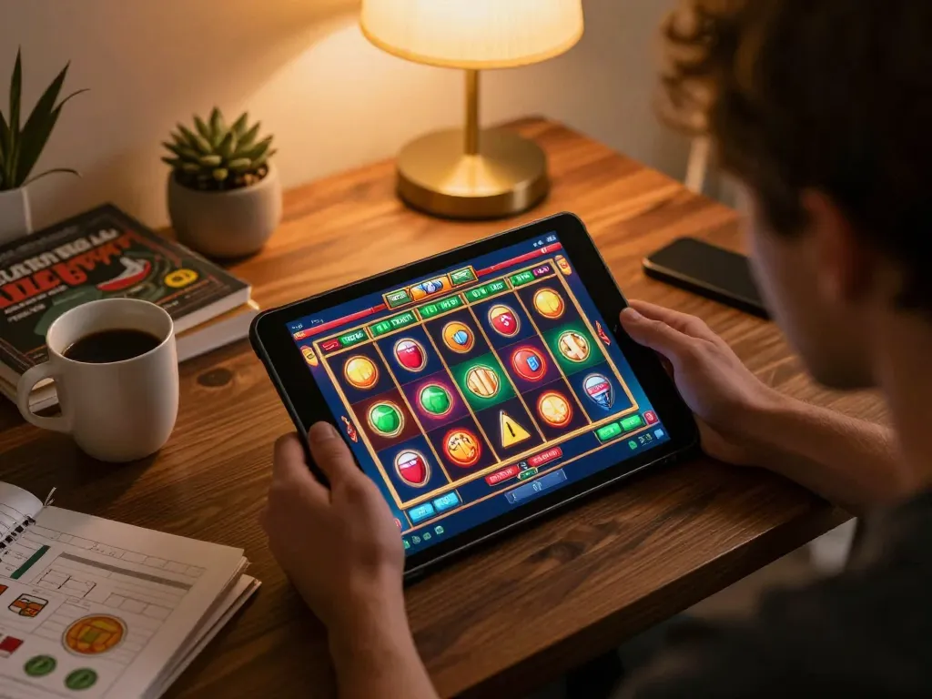 Engaging in slot deposit 5000 gameplay on a tablet amidst a cozy home environment, showcasing vibrant graphics and winning potential.