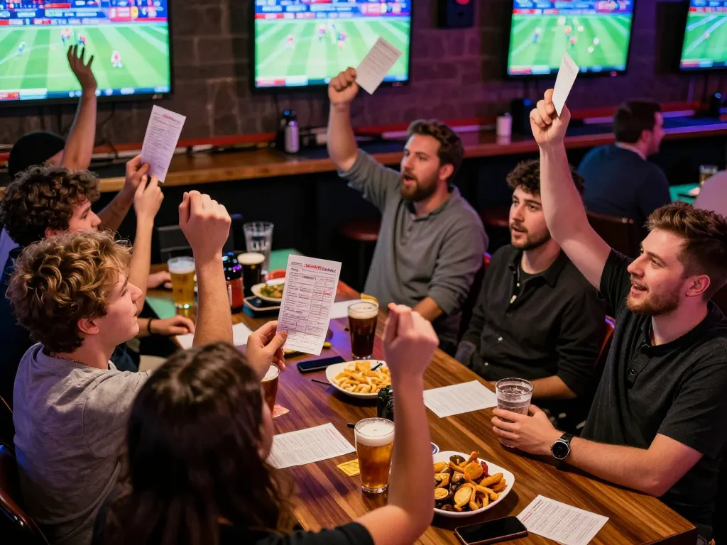 Excited bettors engaging with 88vv sports betting, celebrating wins in a vibrant sports bar.