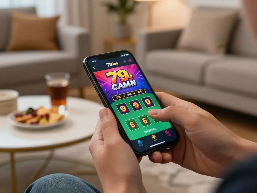 Engaging with the 79king app for live dealer blackjack in a cozy home setting.