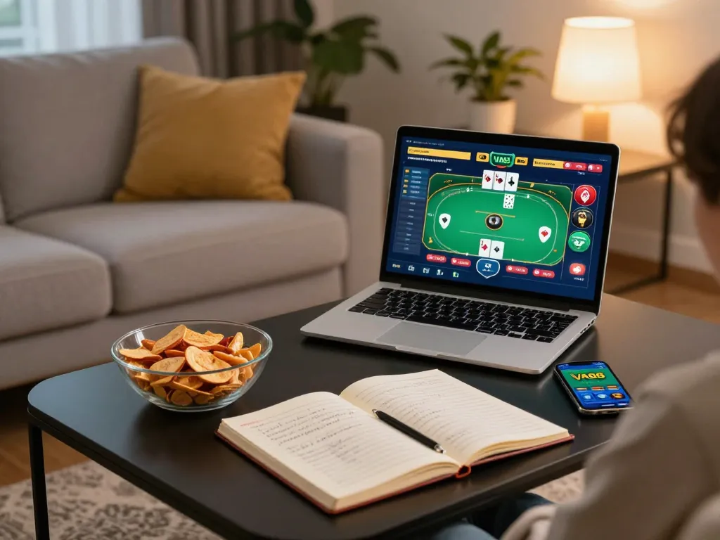 Player engaging with VA88 online casino on laptop, showcasing poker strategy in a cozy home setting.