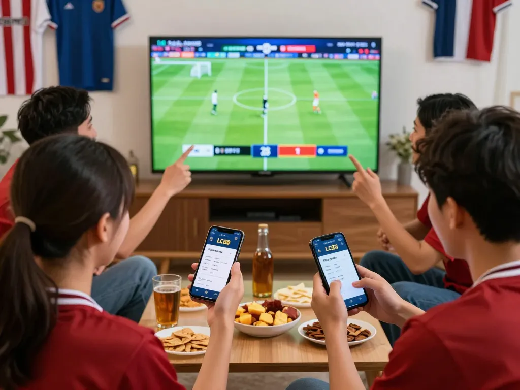 Friends engaging in sports betting using the LC88 app on their smartphones, showing an animated, social betting atmosphere.