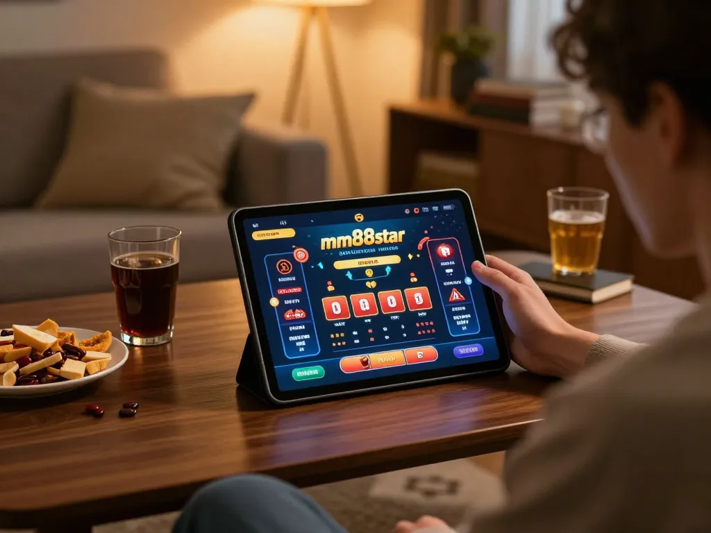 Player enjoying mm88star online casino game on tablet in cozy home setting, emphasizing strategic gaming.