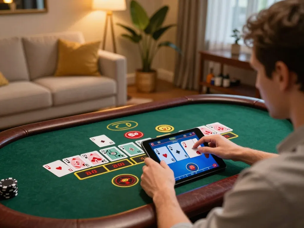 Play blackjack live online with 32win on a tablet, enjoying a cozy home atmosphere.