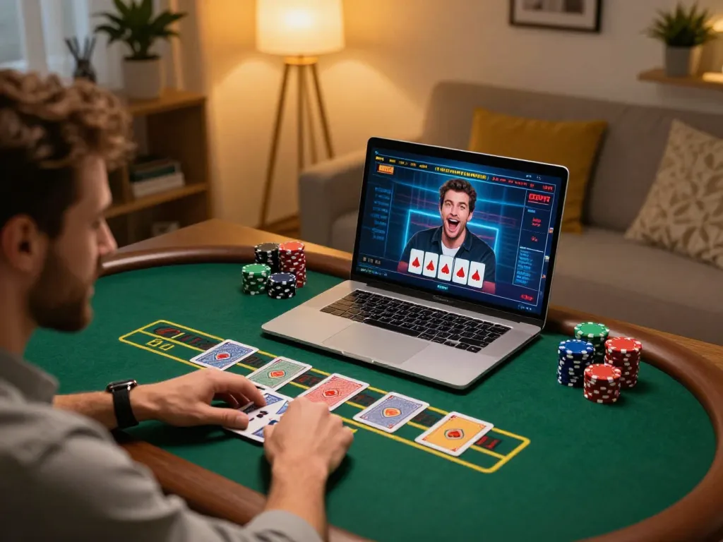 Player enjoys HITCLUB live dealer blackjack at home, engaging strategy and excitement in elegant setting.