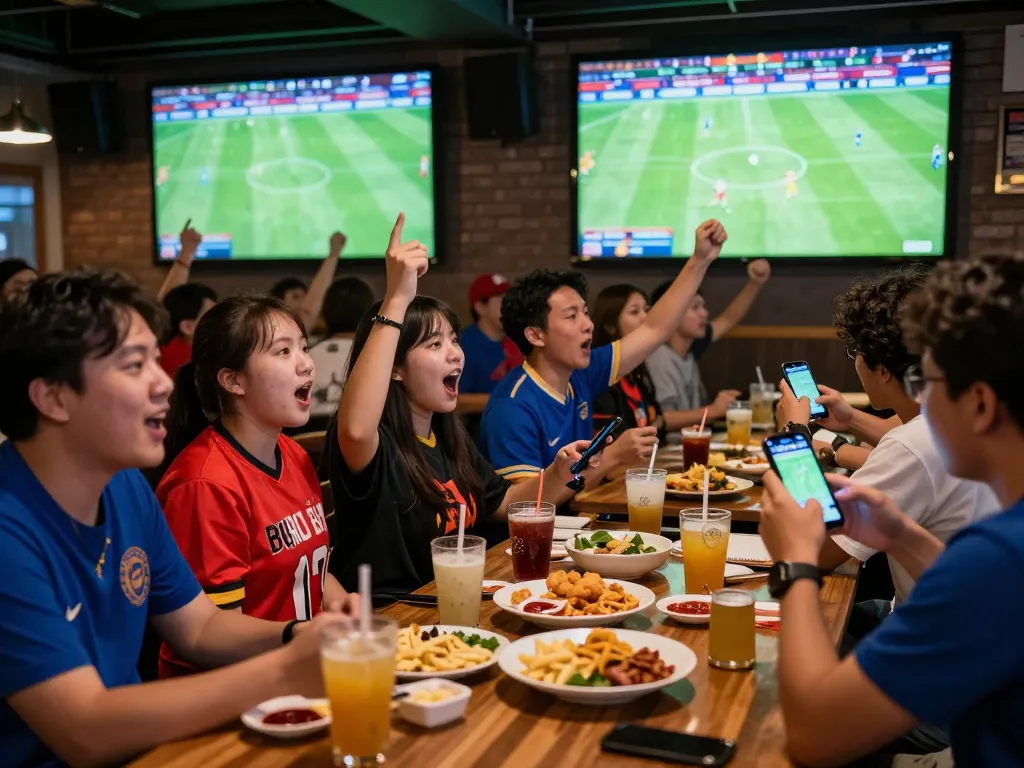 Fans intensely engaging with kèo bóng đá trực tuyến during a live sports bar match, capturing excitement and energy