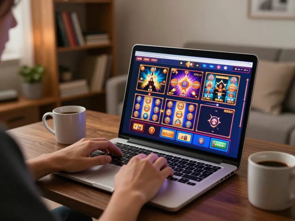 Player engaging with KKWIN casino games on a laptop in a cozy home setting, highlighting online gaming.
