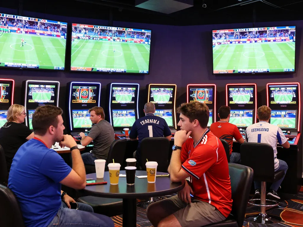 Engaging sports bettors interacting with kèo nhà cái kiosks in a vibrant casino.