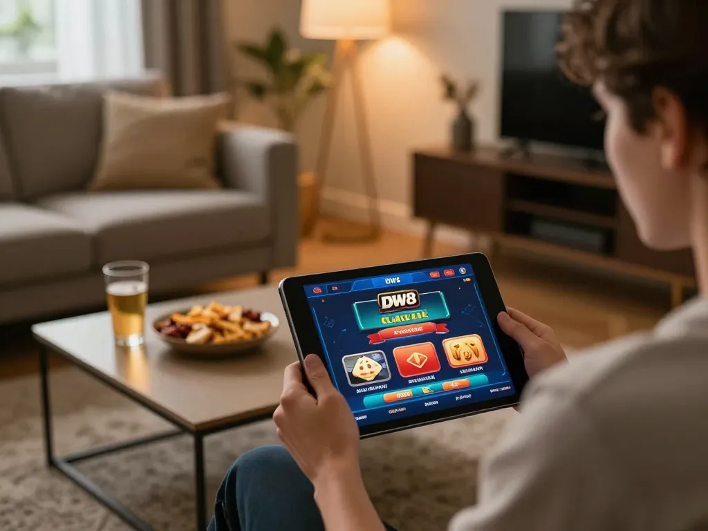 Player enjoying casino gaming on DW8 app with cozy ambiance and snacks in comfortable home