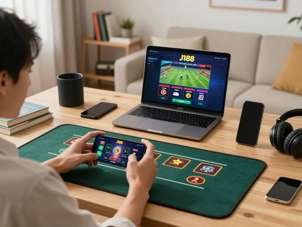 Engaging in mobile gambling on the j188 platform, showing a cozy home gaming setup