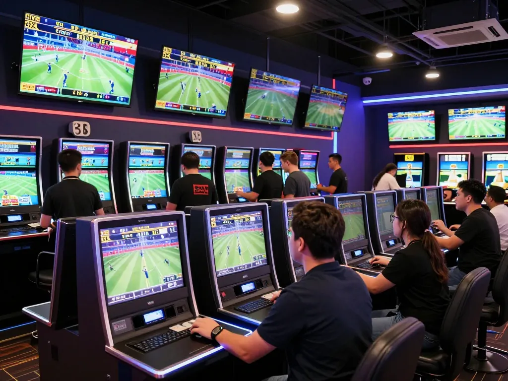 Exciting sports betting atmosphere at OPEN88 with enthusiastic players placing bets.