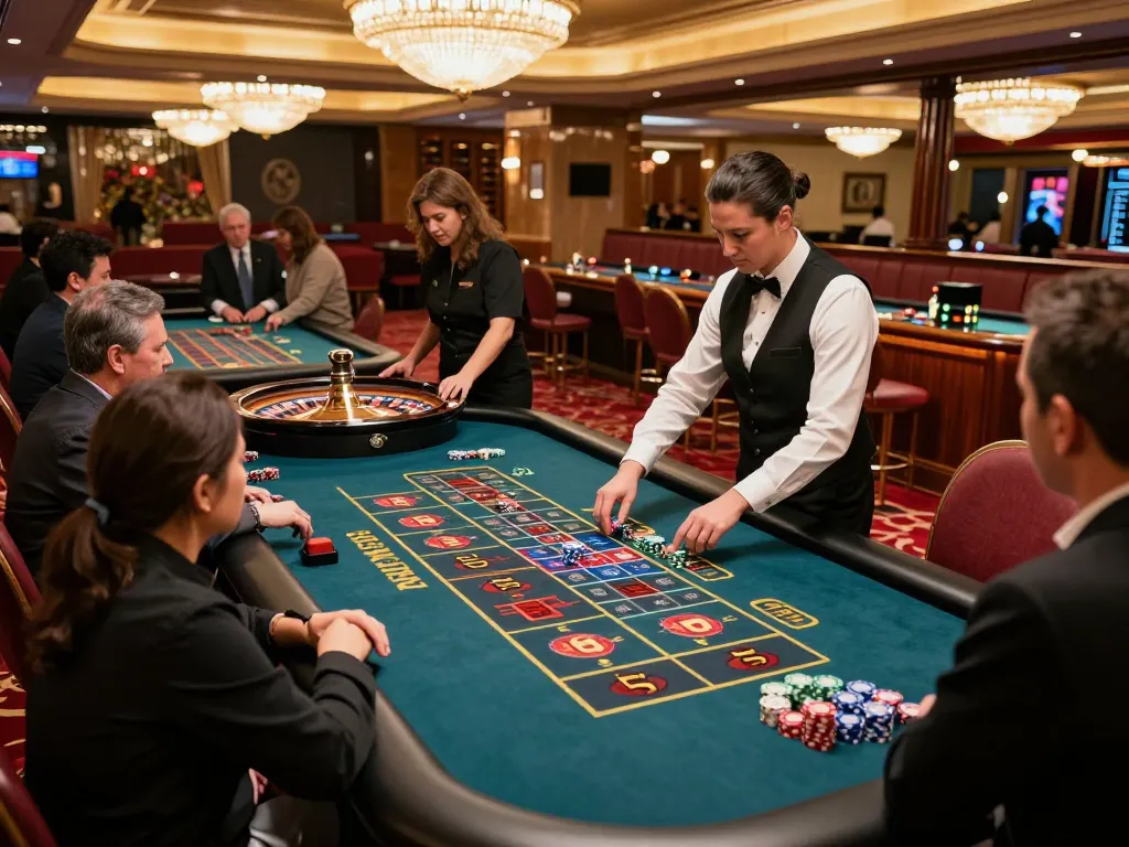 SIN88 roulette game scene with players keenly watching the spinning wheel at a luxurious casino.
