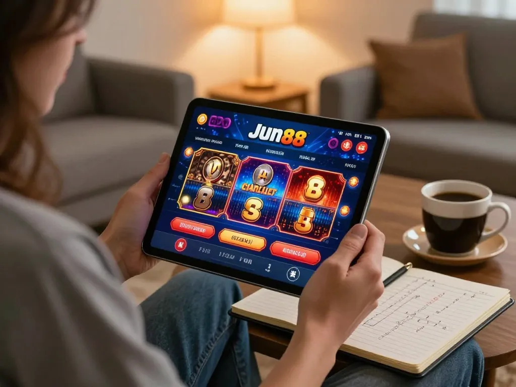 Person using the Jun88 casino app on a tablet in a cozy home setting, showcasing online gambling.