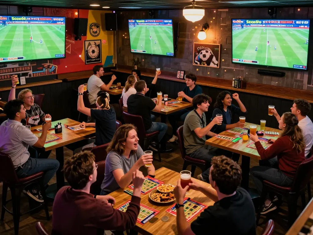 Socolive fans cheering during live football matches at a vibrant sports bar.