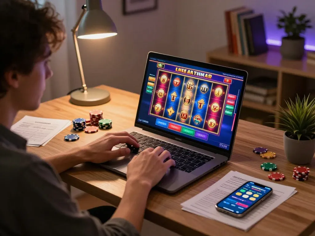 Engaging online casino experience at nohuvn with colorful slot machine interface and gaming setup.