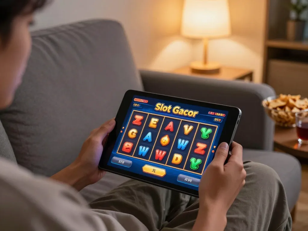 Terlibat dalam permainan Slot Gacor di tablet dalam suasana rumah yang nyaman dengan camilan