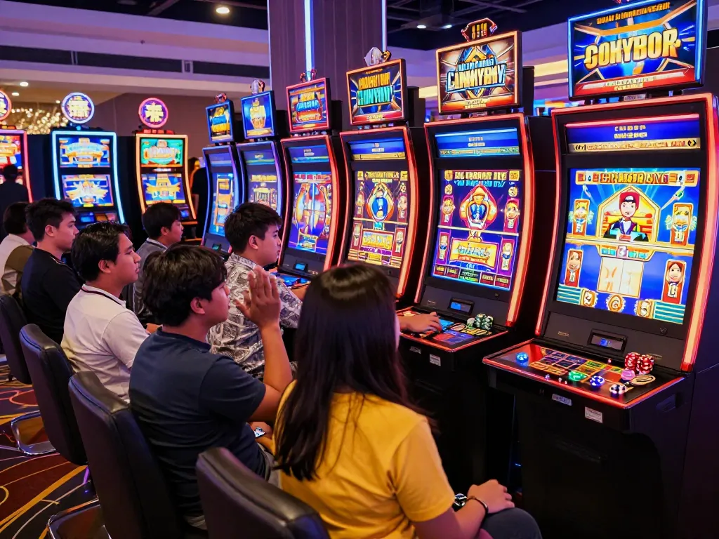 Players enjoying Slot Gacor in a vibrant casino setting, colorful machines and lively atmosphere.