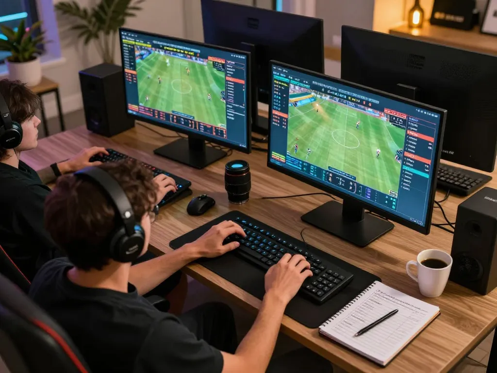 Player engaging in online sports betting at home, featuring gg88gs gaming interface on multiple screens