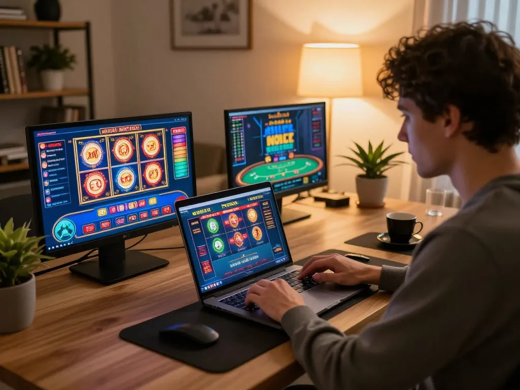 Playing engaging casino games online with RED88 laptop setup in a cozy home environment