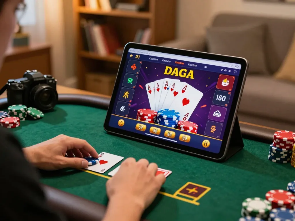 Daga player enjoying live dealer poker game on tablet in a cozy home setup.