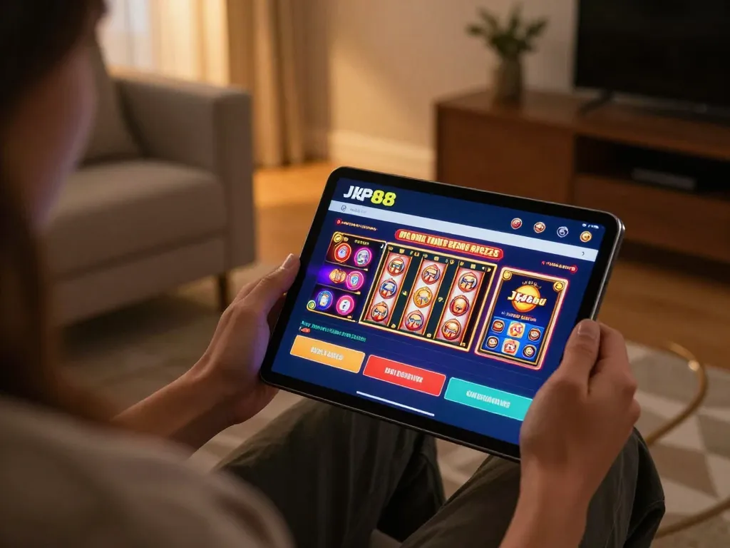 Engaging with the jkp88 casino app on a tablet in a stylish home gaming setup.