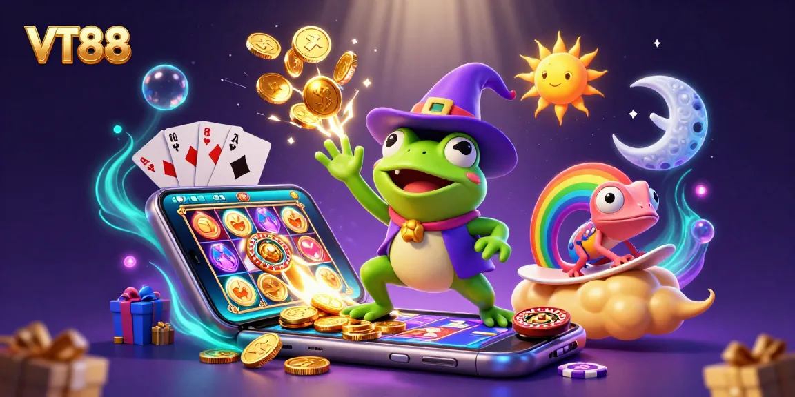 VT88 offers a captivating scene of gambling excitement with golden coins and colorful slots.