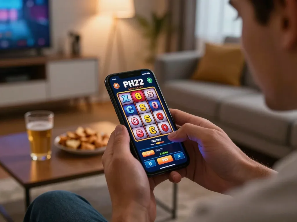 Engaged player using the PH22 app for an exciting slot game in a cozy living room.